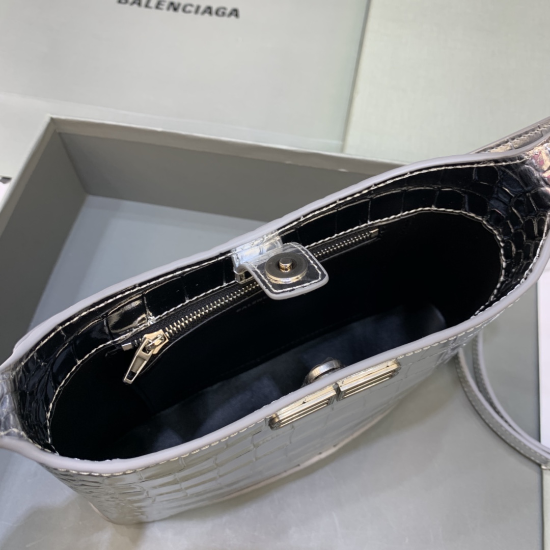 Balenciaga XX Small Hobo Flap Bag Crocodile Embossed Silver